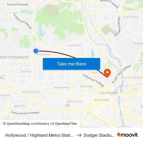 Hollywood / Highland Metro Station to Dodger Stadium map