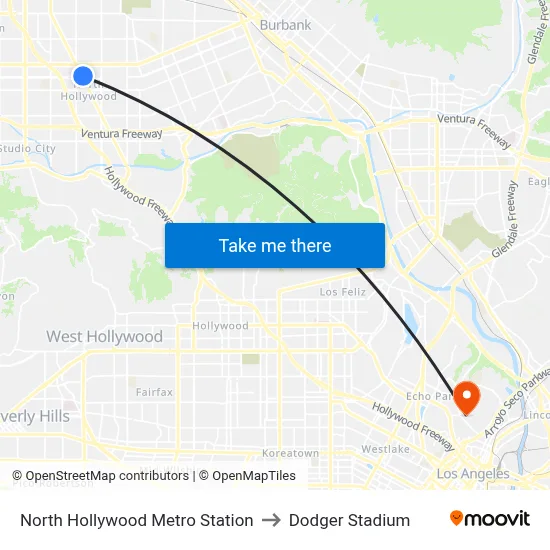 North Hollywood Metro Station to Dodger Stadium map