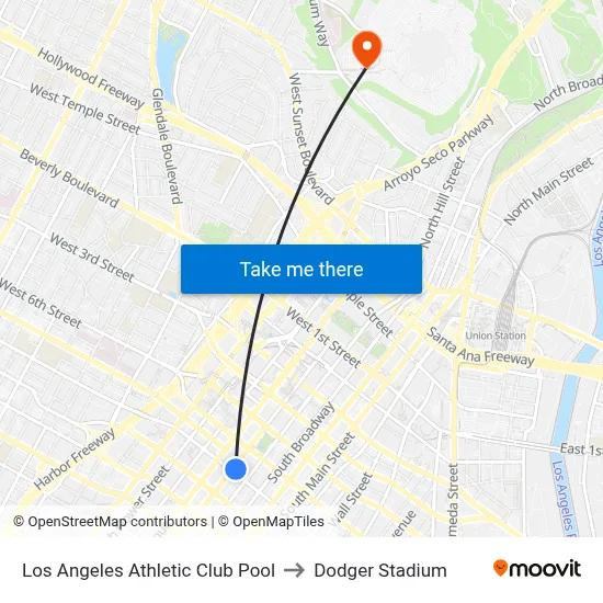Los Angeles Athletic Club Pool to Dodger Stadium map