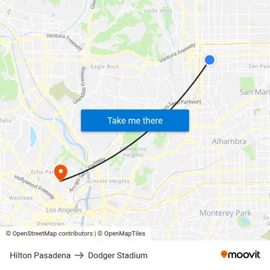 Hilton Pasadena to Dodger Stadium map
