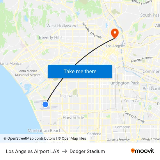 Los Angeles Airport LAX to Dodger Stadium map