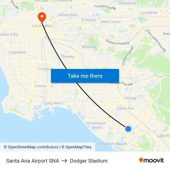 Santa Ana Airport SNA to Dodger Stadium map