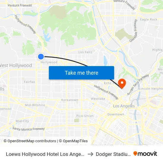 Loews Hollywood Hotel Los Angeles to Dodger Stadium map