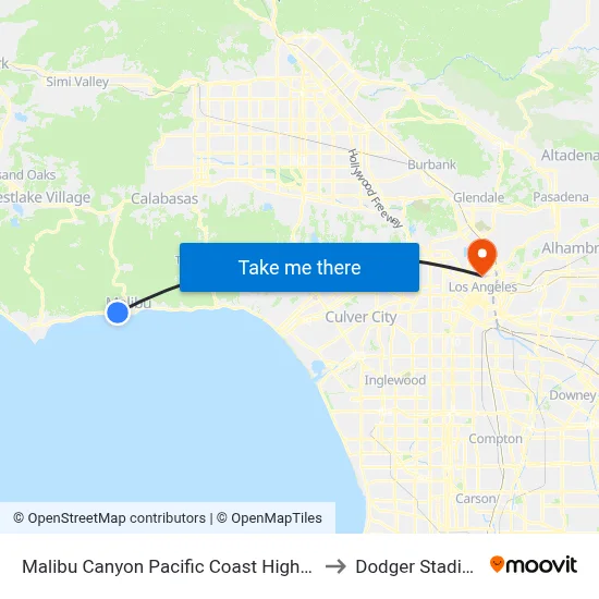 Malibu Canyon Pacific Coast Highway to Dodger Stadium map