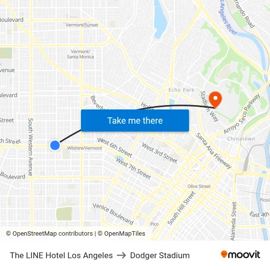 The LINE Hotel Los Angeles to Dodger Stadium map
