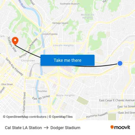 Cal State LA Station to Dodger Stadium map