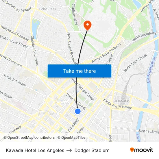 Kawada Hotel Los Angeles to Dodger Stadium map