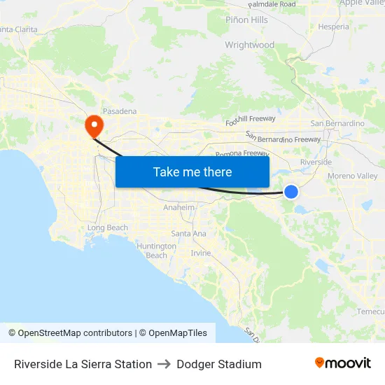 Riverside La Sierra Station to Dodger Stadium map