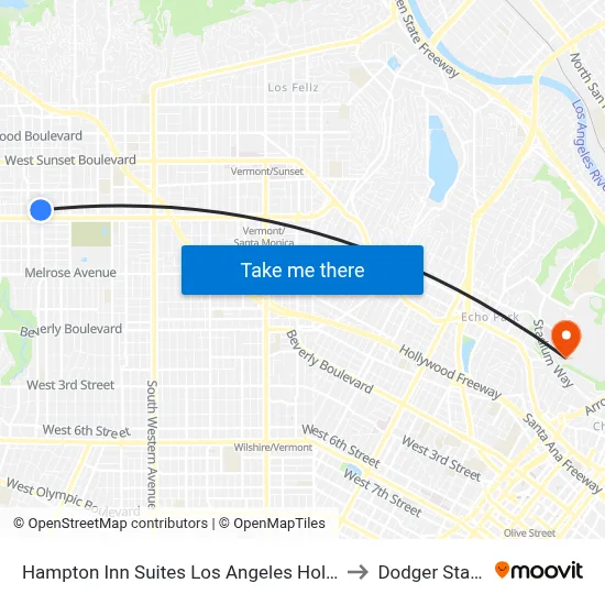 Hampton Inn Suites Los Angeles Hollywood CA to Dodger Stadium map