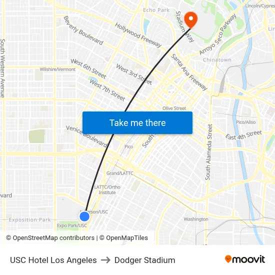 USC Hotel Los Angeles to Dodger Stadium map