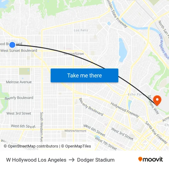 W Hollywood Los Angeles to Dodger Stadium map