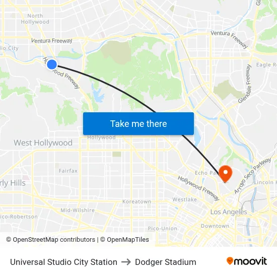 Universal Studio City Station to Dodger Stadium map