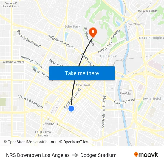 NRS Downtown Los Angeles to Dodger Stadium map