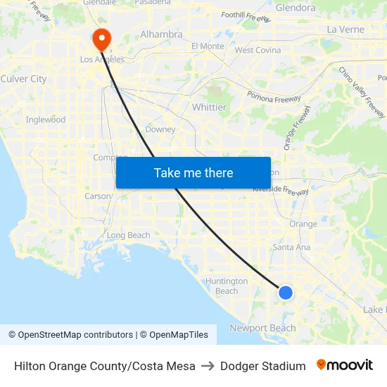 Hilton Orange County/Costa Mesa to Dodger Stadium map