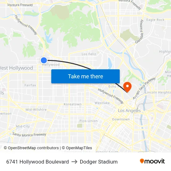 6741 Hollywood Boulevard to Dodger Stadium map