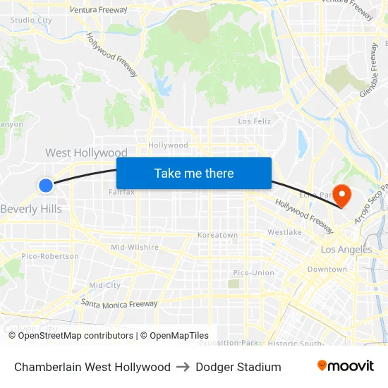 Chamberlain West Hollywood to Dodger Stadium map