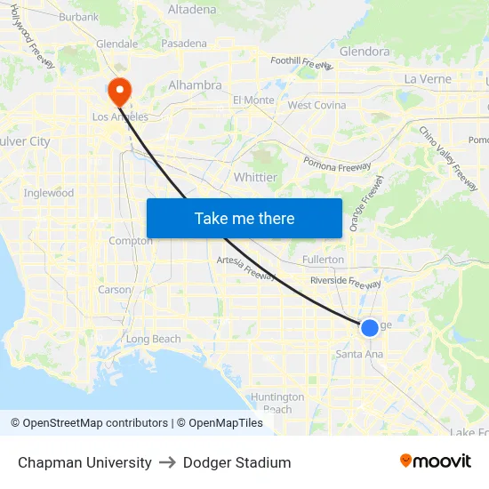 Chapman University to Dodger Stadium map