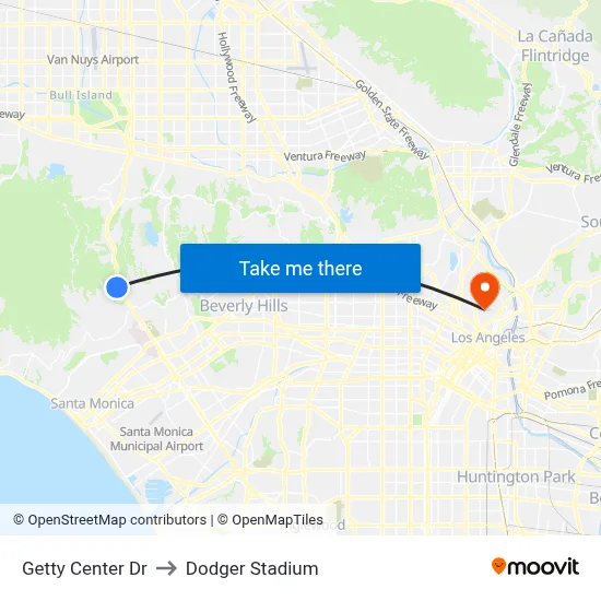 Getty Center Dr to Dodger Stadium map
