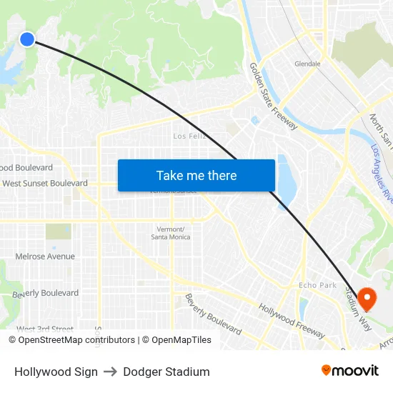 Hollywood Sign to Dodger Stadium map