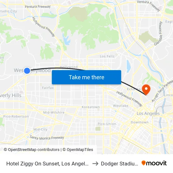 Hotel Ziggy On Sunset, Los Angeles to Dodger Stadium map