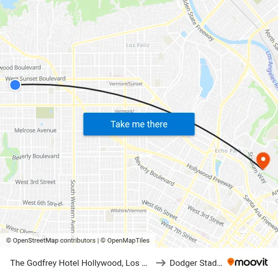 The Godfrey Hotel Hollywood, Los Angeles to Dodger Stadium map
