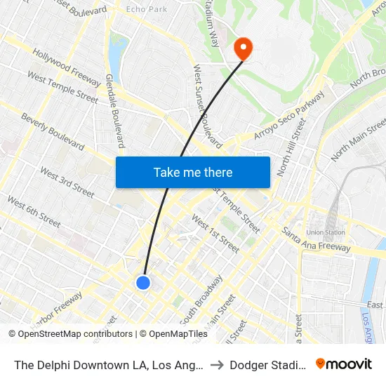 The Delphi Downtown LA, Los Angeles to Dodger Stadium map