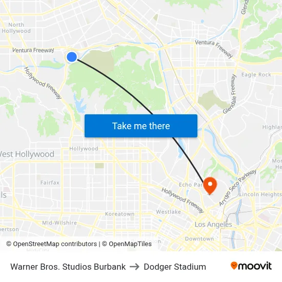 Warner Bros. Studios Burbank to Dodger Stadium map