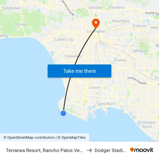 Terranea Resort, Rancho Palos Verdes to Dodger Stadium map