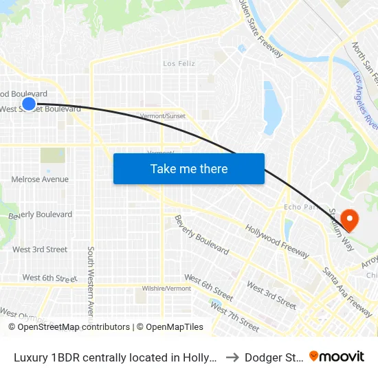 Luxury 1BDR centrally located in Hollywood, Los Angeles to Dodger Stadium map