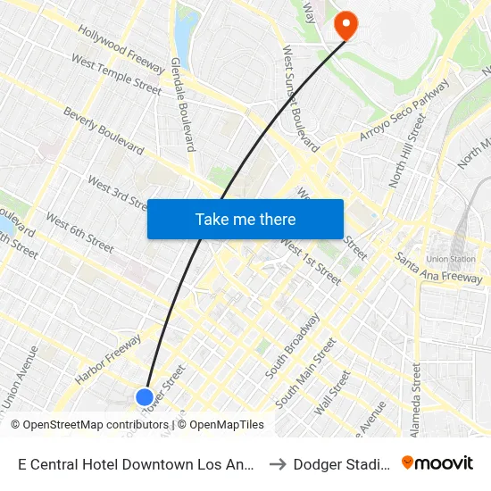 E Central Hotel Downtown Los Angeles to Dodger Stadium map