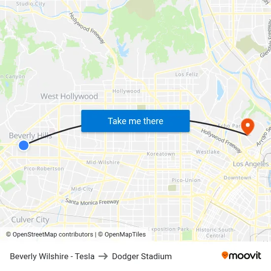 Beverly Wilshire - Tesla to Dodger Stadium map