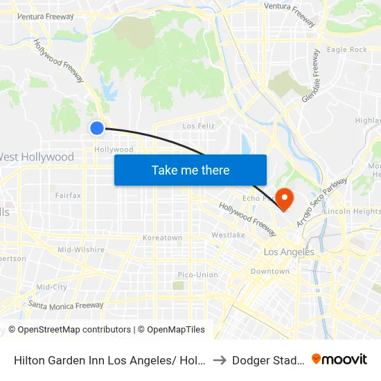 Hilton Garden Inn Los Angeles/ Hollywood to Dodger Stadium map