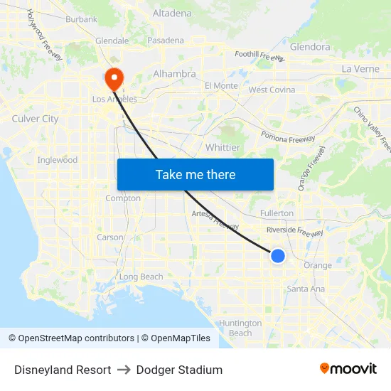 Disneyland Resort to Dodger Stadium map
