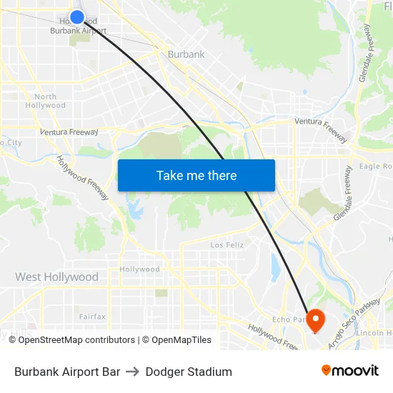Burbank Airport Bar to Dodger Stadium map