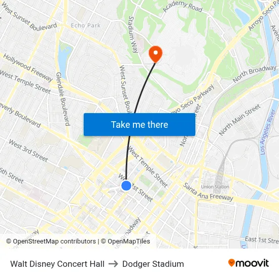 Walt Disney Concert Hall to Dodger Stadium map