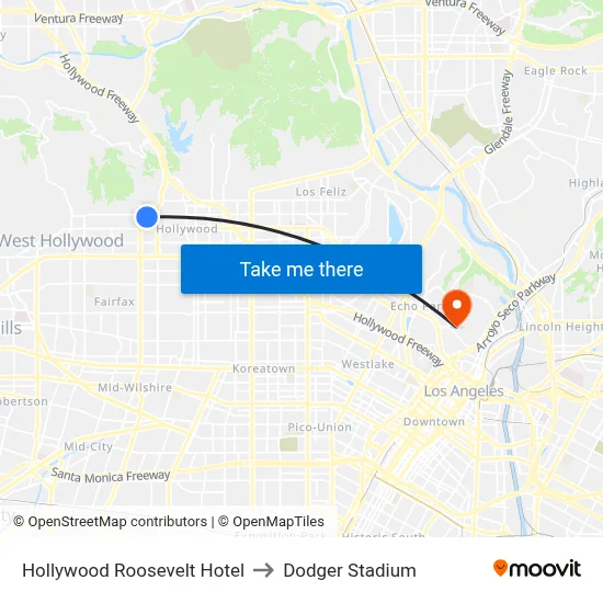 Hollywood Roosevelt Hotel to Dodger Stadium map