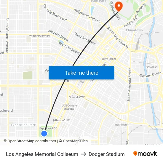 Los Angeles Memorial Coliseum to Dodger Stadium map