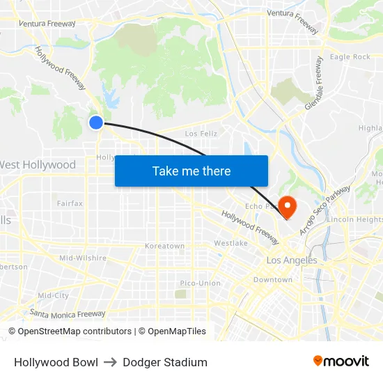 Hollywood Bowl to Dodger Stadium map