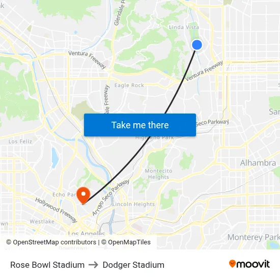 Rose Bowl Stadium to Dodger Stadium map