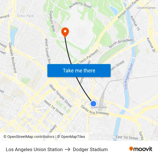 Los Angeles Union Station to Dodger Stadium map