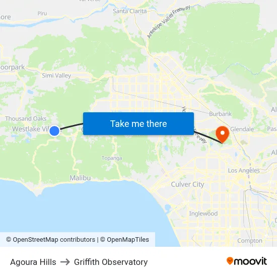 Agoura Hills to Griffith Observatory map