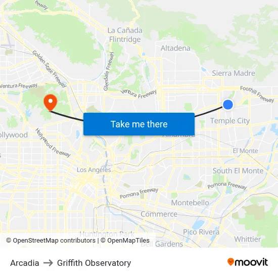 Arcadia to Griffith Observatory map