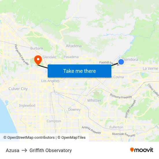 Azusa to Griffith Observatory map