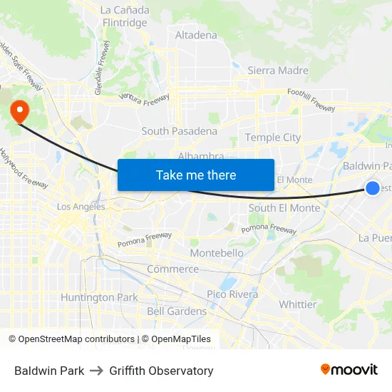 Baldwin Park to Griffith Observatory map