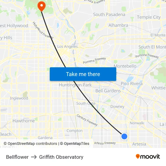 Bellflower to Griffith Observatory map