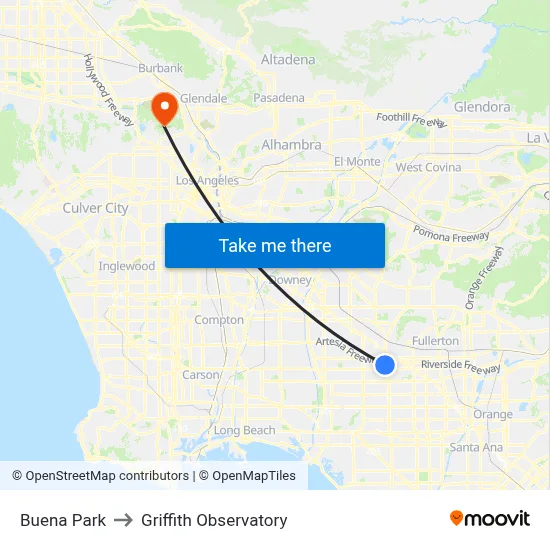 Buena Park to Griffith Observatory map