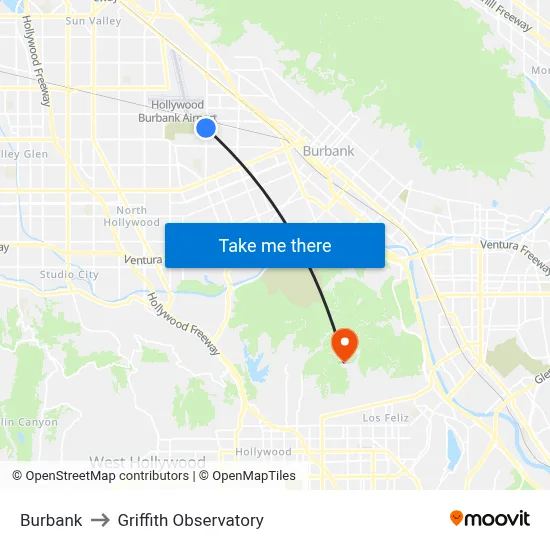 Burbank to Griffith Observatory map