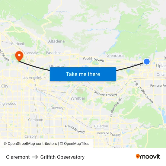 Claremont to Griffith Observatory map