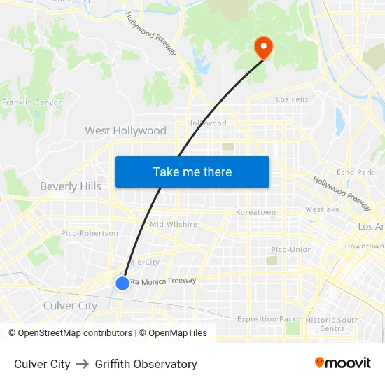 Culver City to Griffith Observatory map