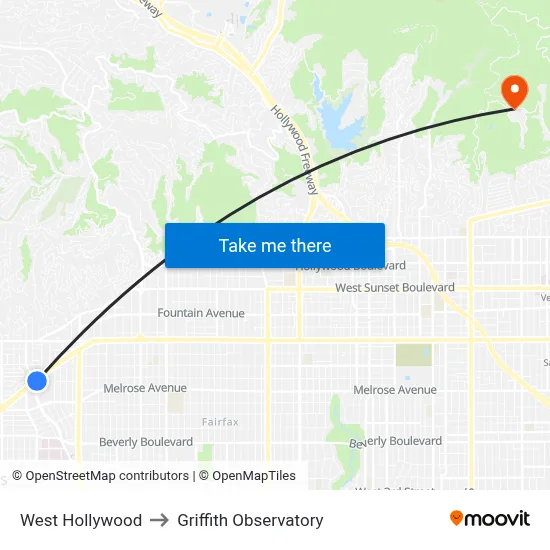 West Hollywood to Griffith Observatory map